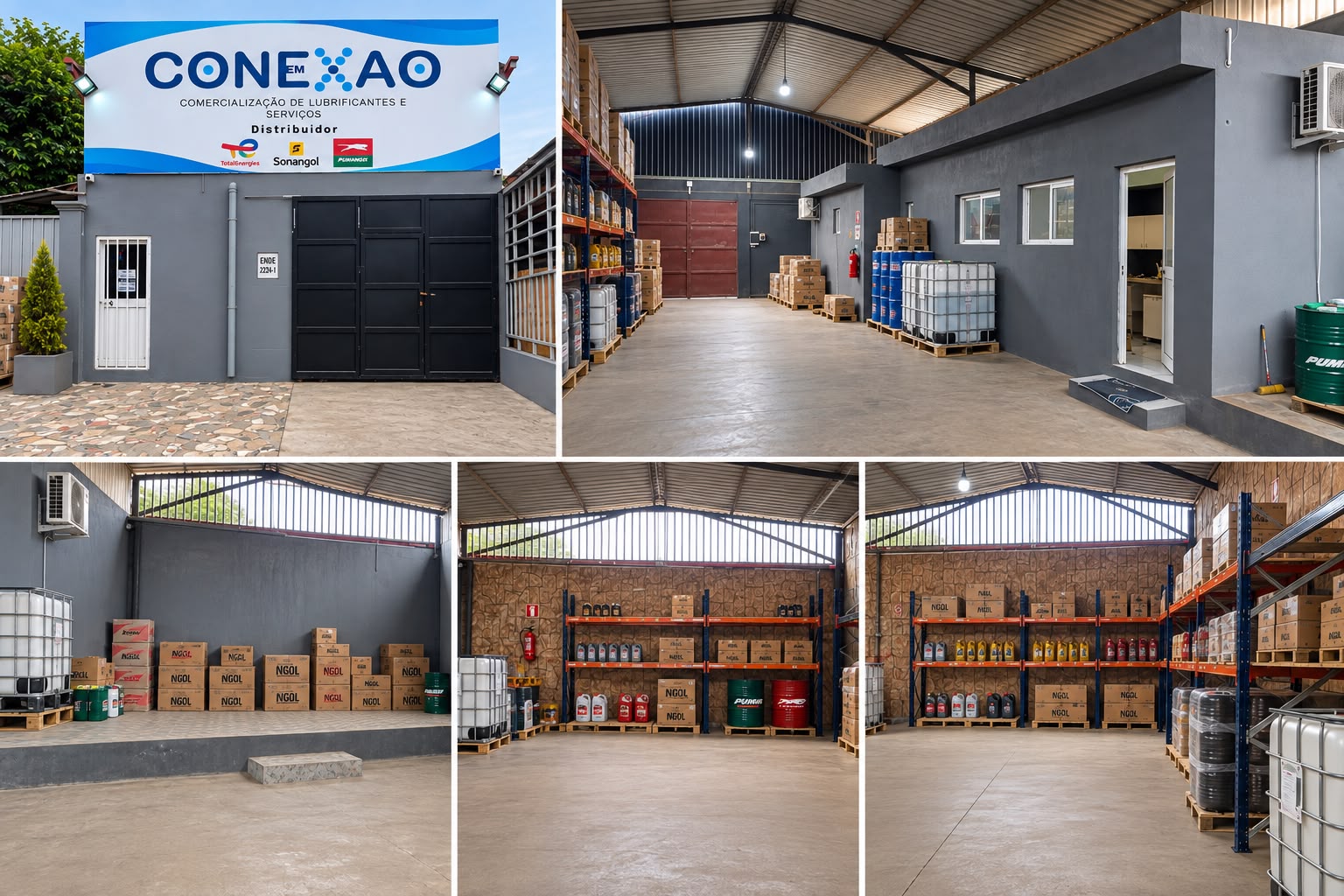 Armazém EmConexão com pallets, caixas e produtos organizados